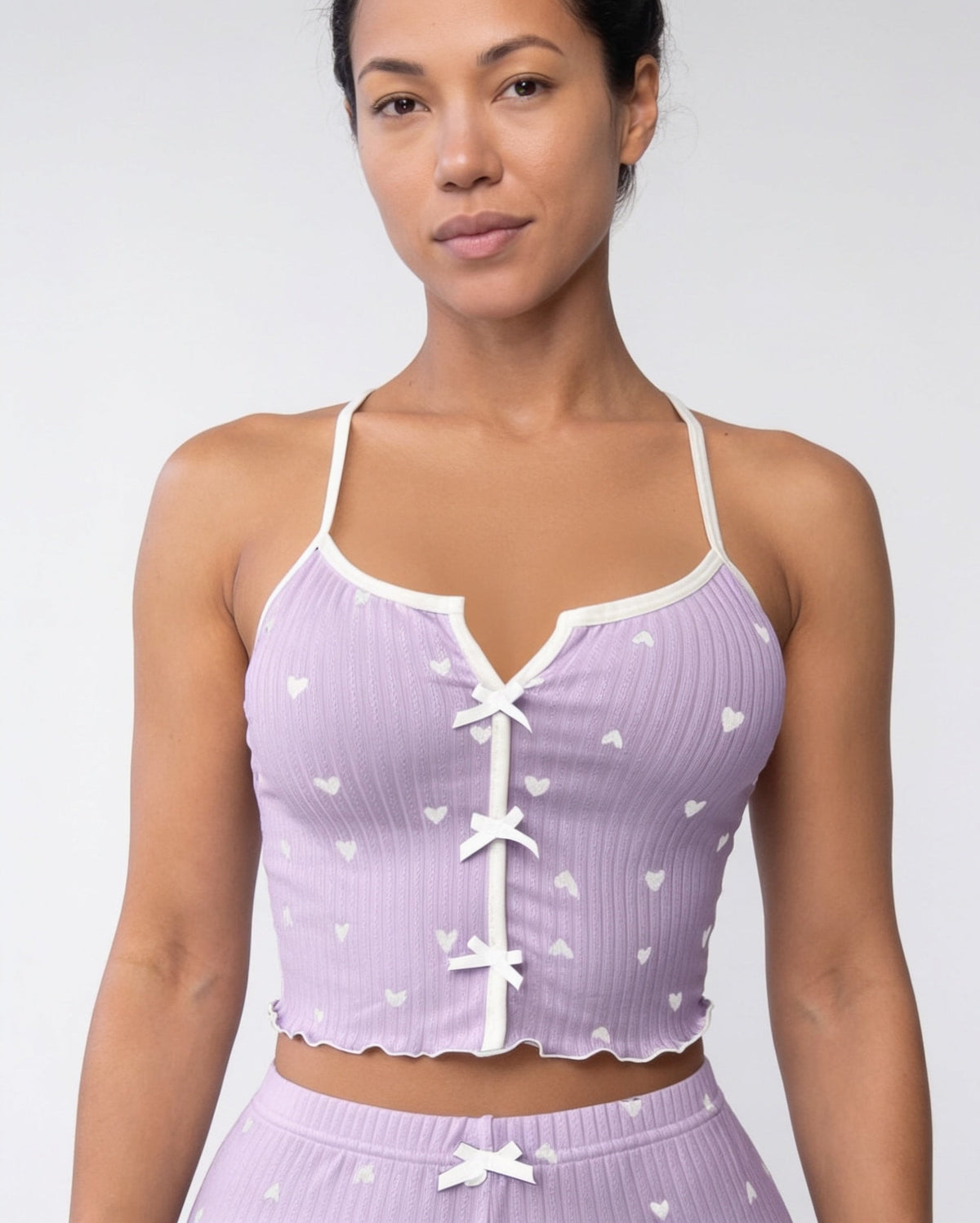 Heart Print Pyjama Set | Women | Bow Tie Detail | Cami & Shorts Sleepwear | Nova Muse
