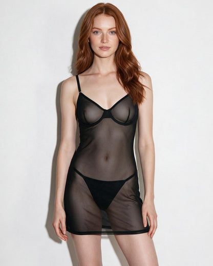 See Through Mesh Chemise | Thong Set | Sheer Lingerie Nightdress | Nova Muse