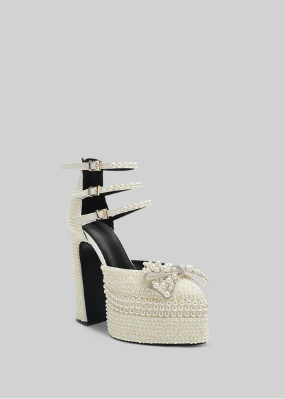 Women’s Pearl Platform Pumps | White Chunky Heel Elegant Dress Shoes | Nova Muse
