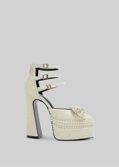 Women’s Pearl Platform Pumps | White Chunky Heel Elegant Dress Shoes | Nova Muse