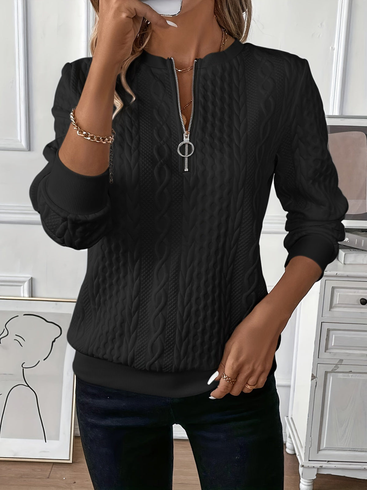 Cable Knit Sweater | Womens Half Zip Pullover | Long Sleeve Warm Winter Knitwear | Nova Muse