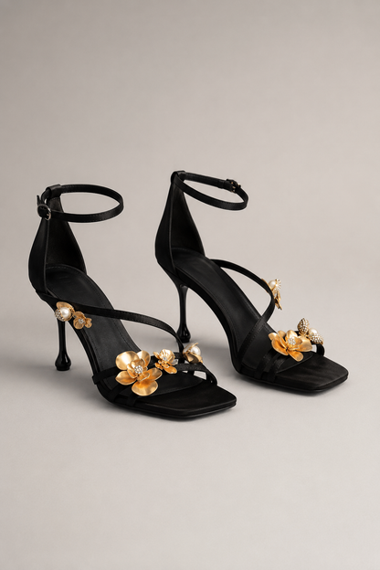 Women’s High Heels | Black Pointed Toe Pumps | Gold Flower Detail Evening Shoes | Nova Muse