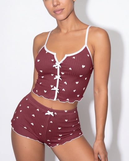 Heart Print Pyjama Set | Women | Bow Tie Detail | Cami & Shorts Sleepwear | Nova Muse