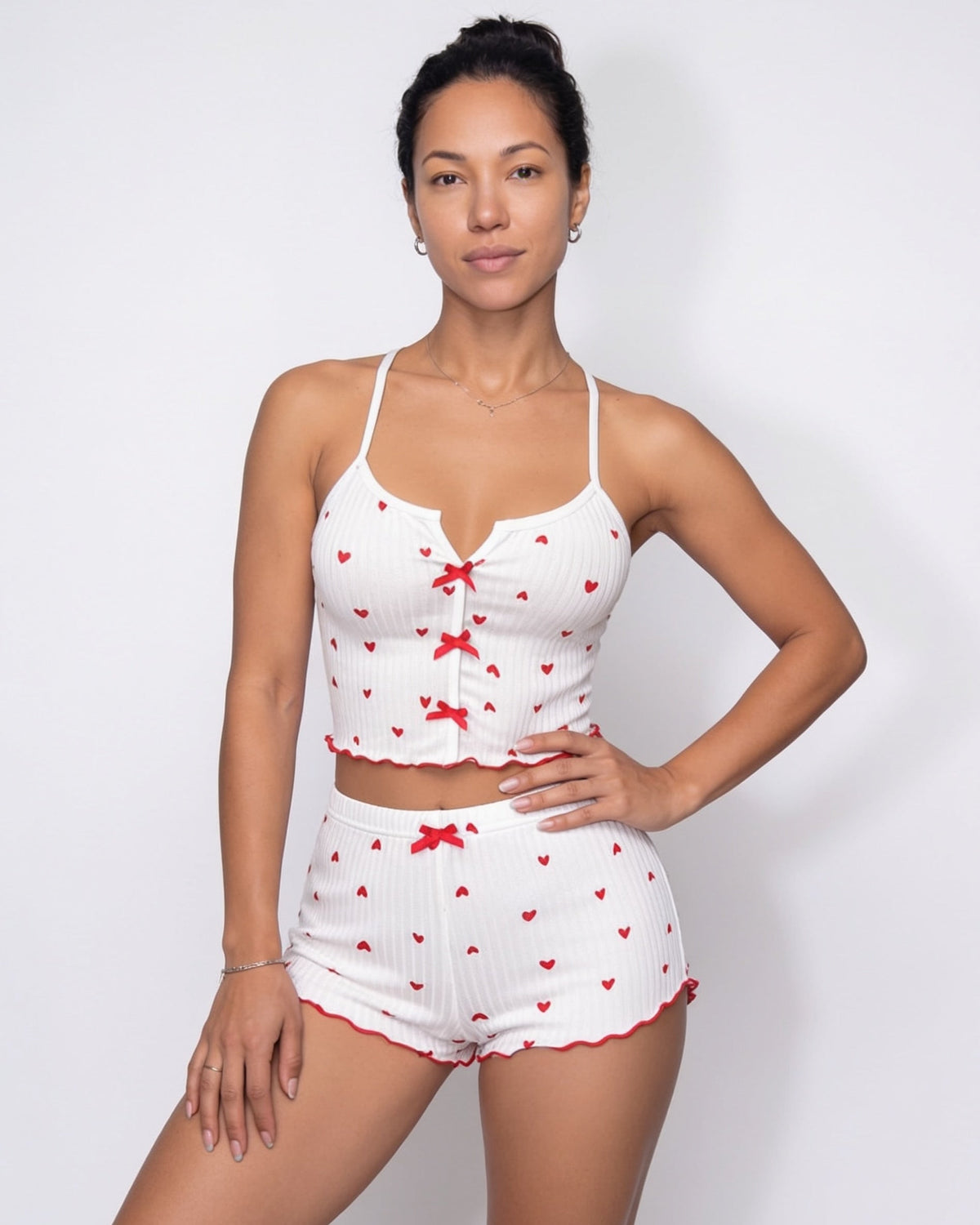 Heart Print Pyjama Set | Women | Bow Tie Detail | Cami & Shorts Sleepwear | Nova Muse