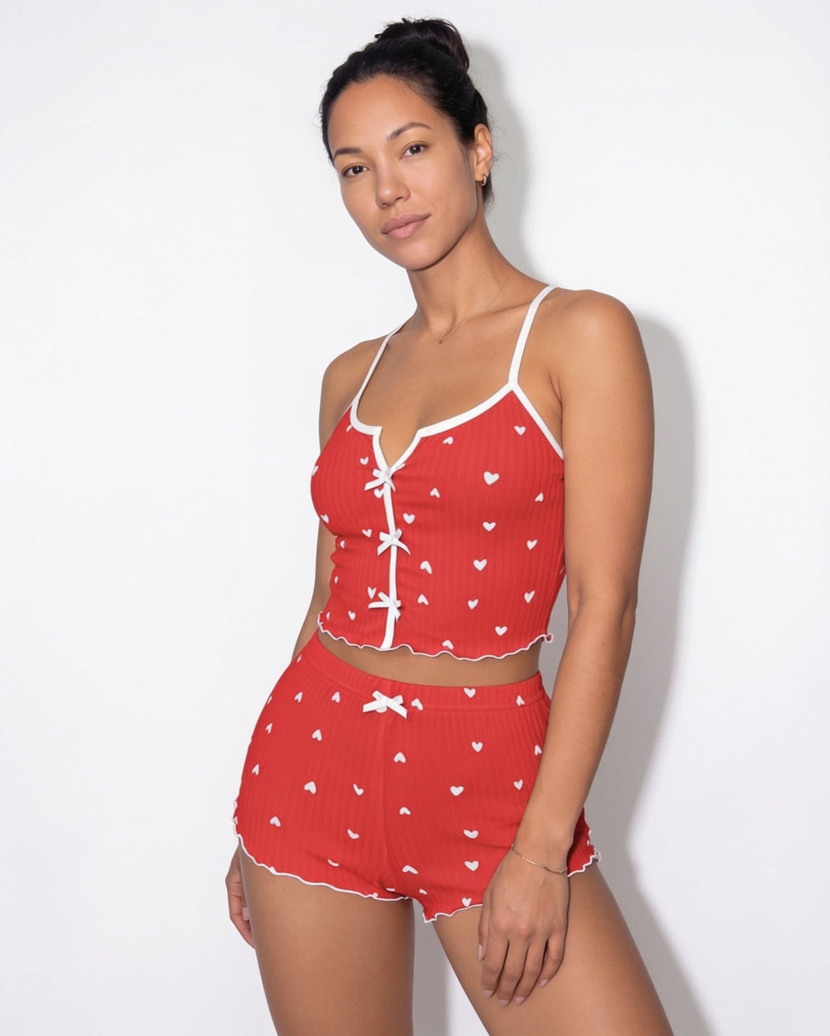 Heart Print Pyjama Set | Women | Bow Tie Detail | Cami & Shorts Sleepwear | Nova Muse