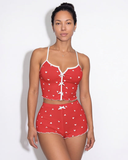 Heart Print Pyjama Set | Women | Bow Tie Detail | Cami & Shorts Sleepwear | Nova Muse