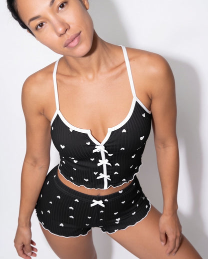 Heart Print Pyjama Set | Women | Bow Tie Detail | Cami & Shorts Sleepwear | Nova Muse