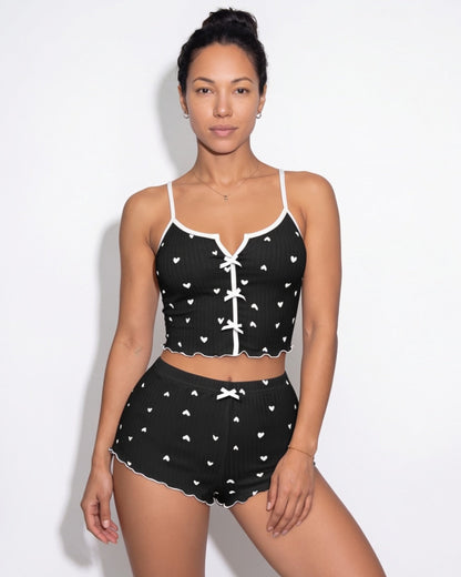 Heart Print Pyjama Set | Women | Bow Tie Detail | Cami & Shorts Sleepwear | Nova Muse