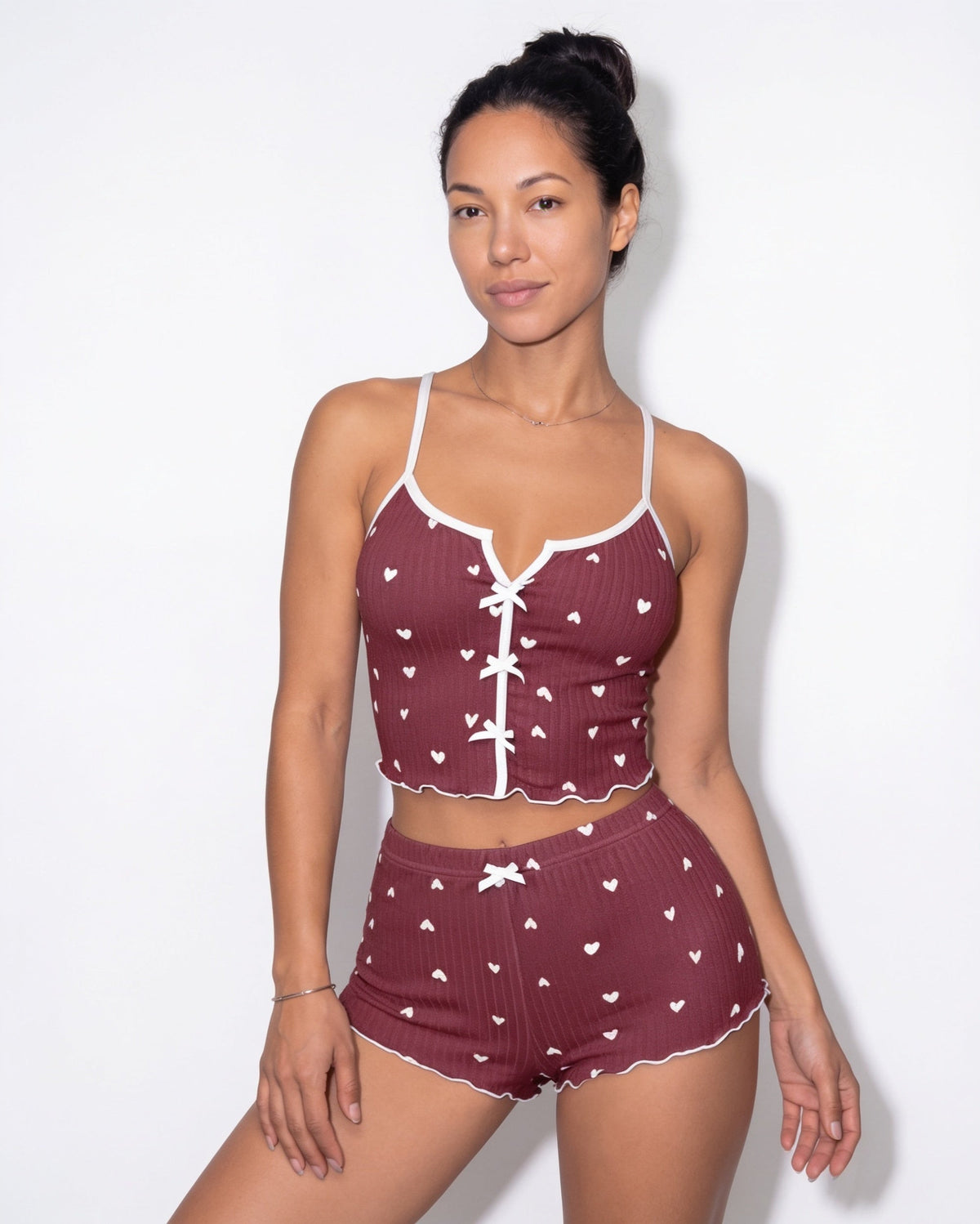 Heart Print Pyjama Set | Women | Bow Tie Detail | Cami & Shorts Sleepwear | Nova Muse