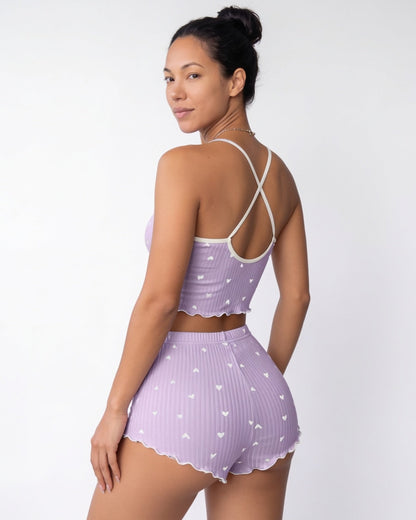 Heart Print Pyjama Set | Women | Bow Tie Detail | Cami & Shorts Sleepwear | Nova Muse