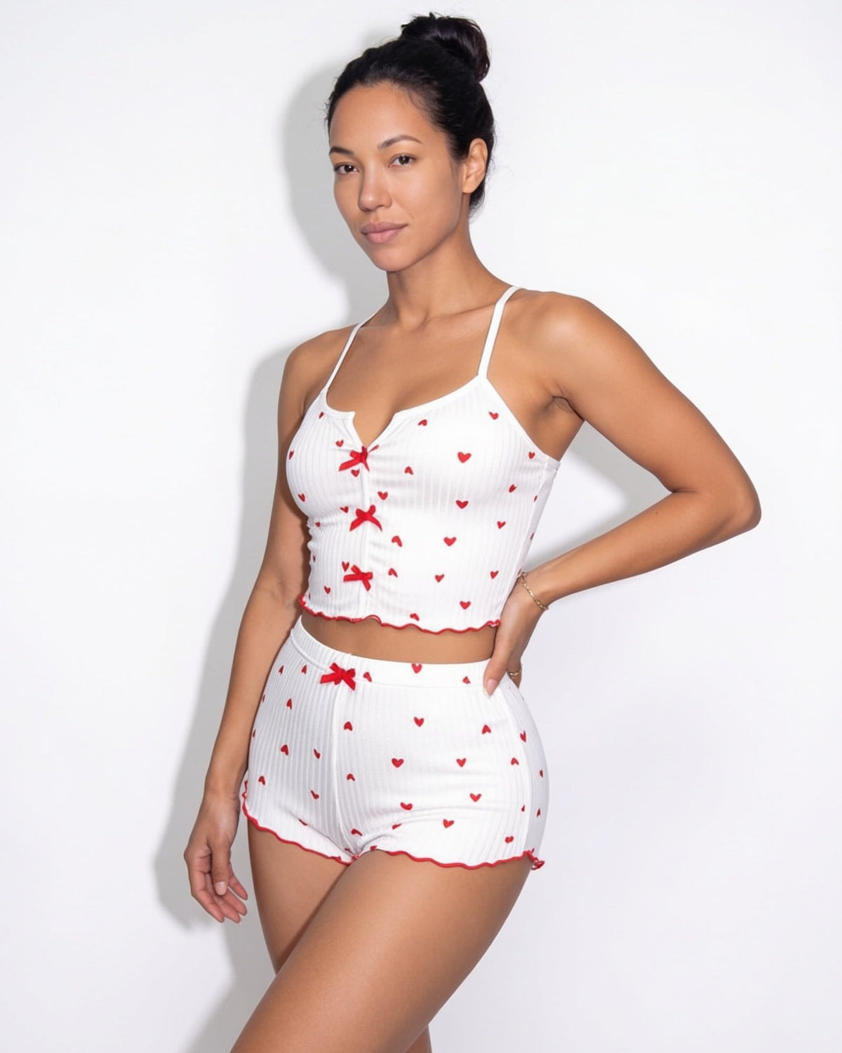 Heart Print Pyjama Set | Women | Bow Tie Detail | Cami & Shorts Sleepwear | Nova Muse