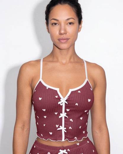 Heart Print Pyjama Set | Women | Bow Tie Detail | Cami & Shorts Sleepwear | Nova Muse