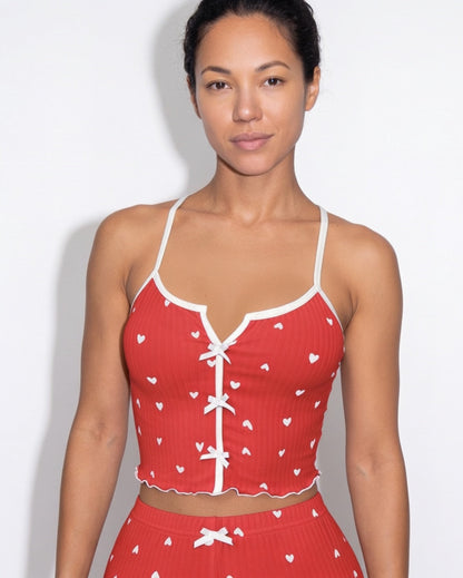Heart Print Pyjama Set | Women | Bow Tie Detail | Cami & Shorts Sleepwear | Nova Muse