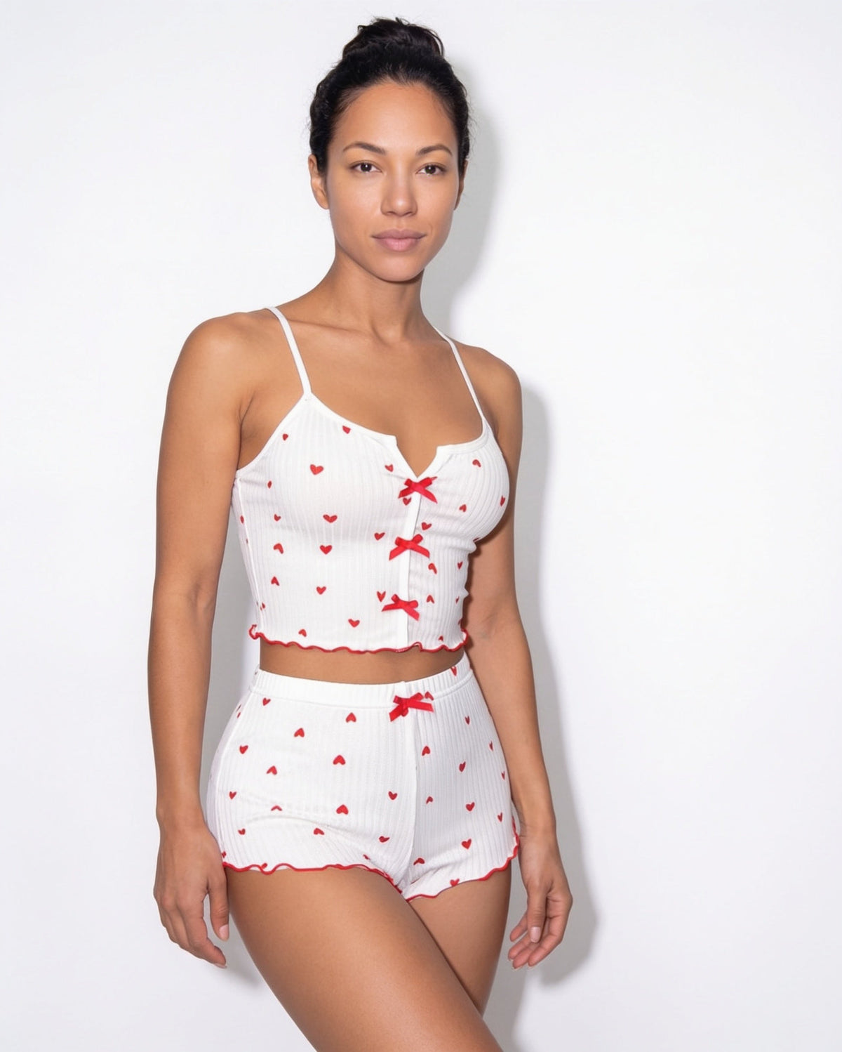 Heart Print Pyjama Set | Women | Bow Tie Detail | Cami & Shorts Sleepwear | Nova Muse