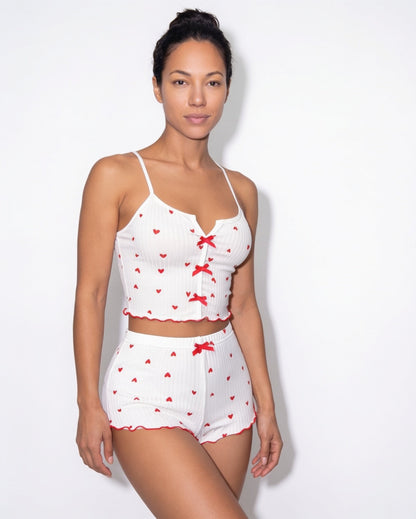 Heart Print Pyjama Set | Women | Bow Tie Detail | Cami & Shorts Sleepwear | Nova Muse