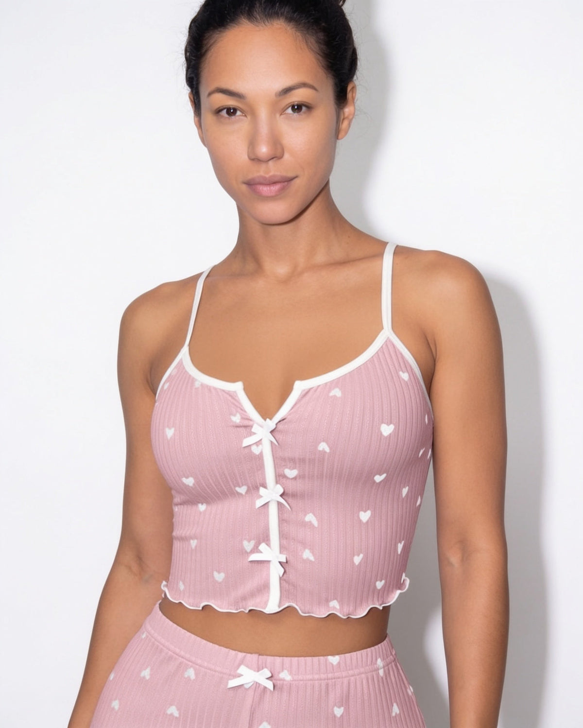 Heart Print Pyjama Set | Women | Bow Tie Detail | Cami & Shorts Sleepwear | Nova Muse