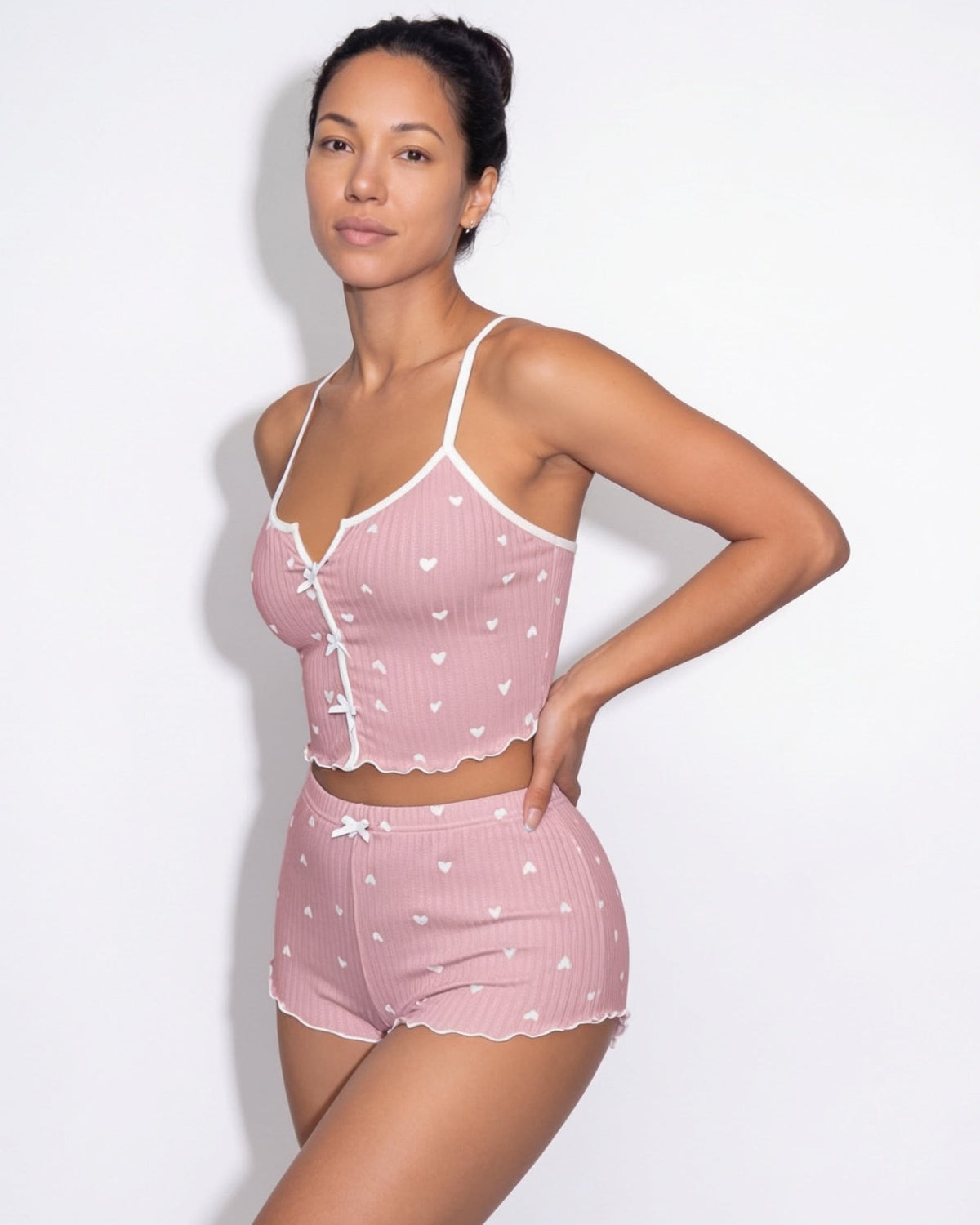 Heart Print Pyjama Set | Women | Bow Tie Detail | Cami & Shorts Sleepwear | Nova Muse