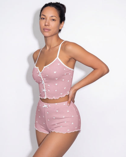 Heart Print Pyjama Set | Women | Bow Tie Detail | Cami & Shorts Sleepwear | Nova Muse