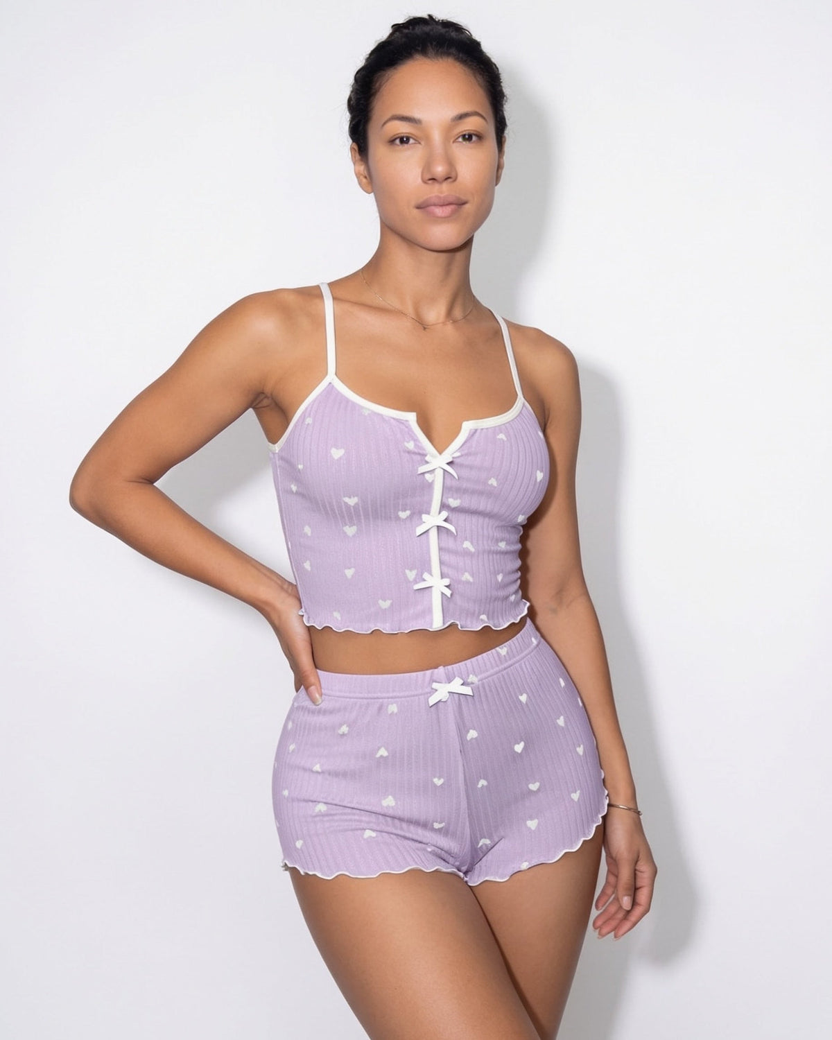 Heart Print Pyjama Set | Women | Bow Tie Detail | Cami & Shorts Sleepwear | Nova Muse