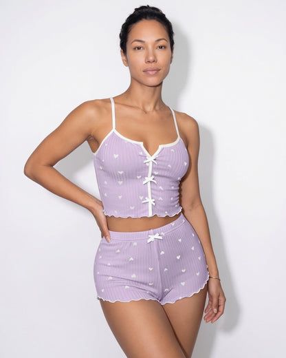Heart Print Pyjama Set | Women | Bow Tie Detail | Cami & Shorts Sleepwear | Nova Muse