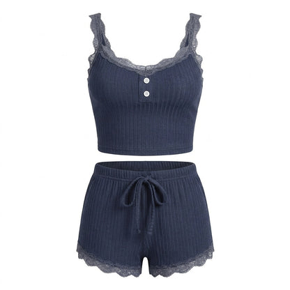 Lace Trim Ribbed Pyjama Set | Women | Ribbed Fabric | Cami & Shorts Sleepwear | Nova Muse