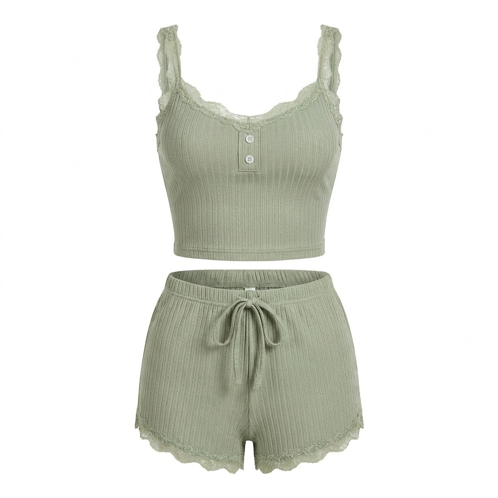 Lace Trim Ribbed Pyjama Set | Women | Ribbed Fabric | Cami & Shorts Sleepwear | Nova Muse