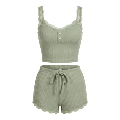 Lace Trim Ribbed Pyjama Set | Women | Ribbed Fabric | Cami & Shorts Sleepwear | Nova Muse