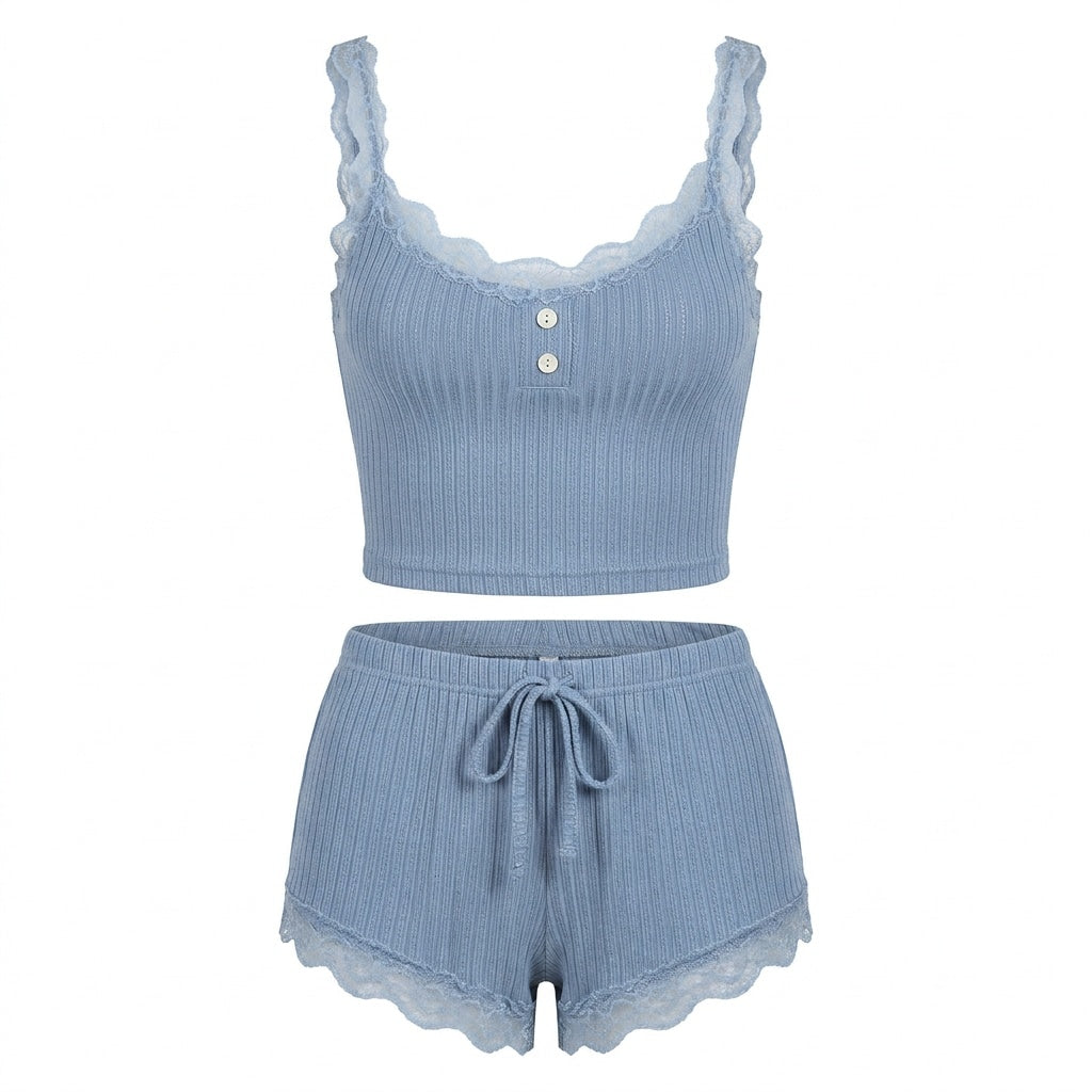 Lace Trim Ribbed Pyjama Set | Women | Ribbed Fabric | Cami & Shorts Sleepwear | Nova Muse
