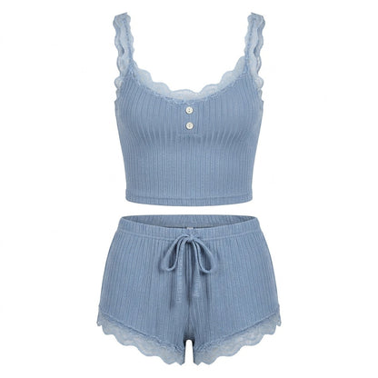 Lace Trim Ribbed Pyjama Set | Women | Ribbed Fabric | Cami & Shorts Sleepwear | Nova Muse