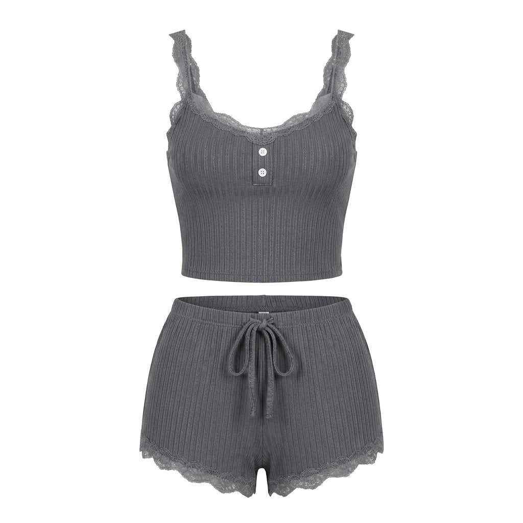 Lace Trim Ribbed Pyjama Set | Women | Ribbed Fabric | Cami & Shorts Sleepwear | Nova Muse