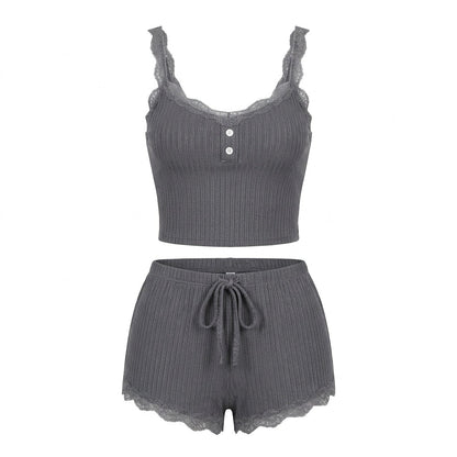 Lace Trim Ribbed Pyjama Set | Women | Ribbed Fabric | Cami & Shorts Sleepwear | Nova Muse