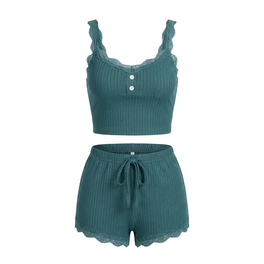Lace Trim Ribbed Pyjama Set | Women | Ribbed Fabric | Cami & Shorts Sleepwear | Nova Muse
