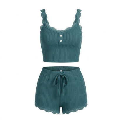 Lace Trim Ribbed Pyjama Set | Women | Ribbed Fabric | Cami & Shorts Sleepwear | Nova Muse