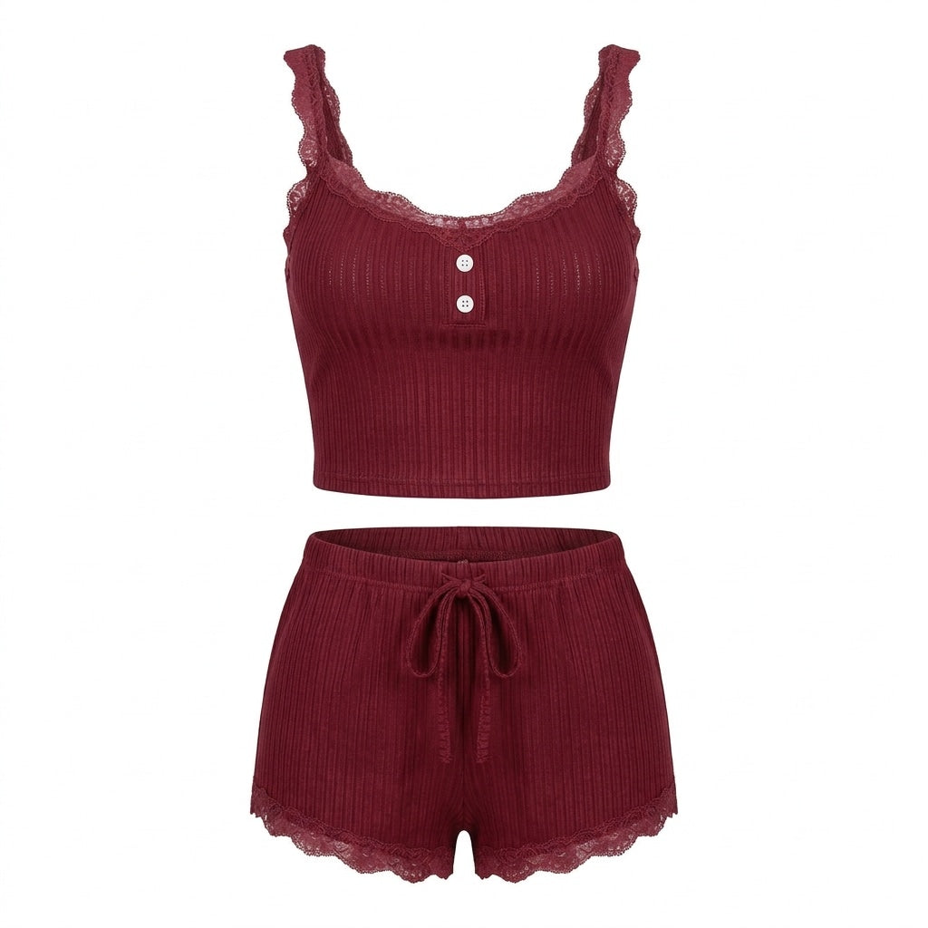 Lace Trim Ribbed Pyjama Set | Women | Ribbed Fabric | Cami & Shorts Sleepwear | Nova Muse