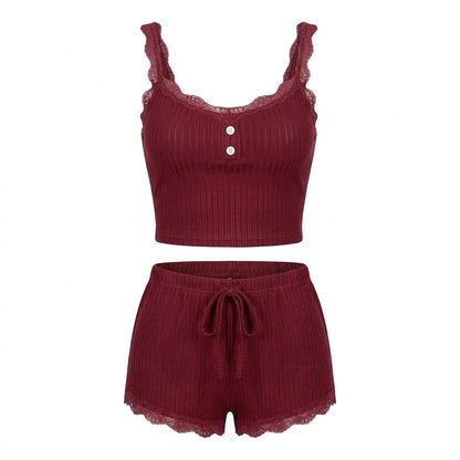 Lace Trim Ribbed Pyjama Set | Women | Ribbed Fabric | Cami & Shorts Sleepwear | Nova Muse