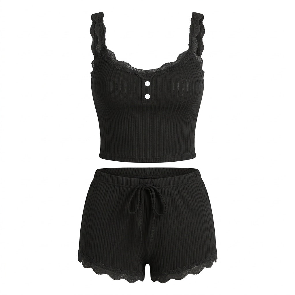 Lace Trim Ribbed Pyjama Set | Women | Ribbed Fabric | Cami & Shorts Sleepwear | Nova Muse