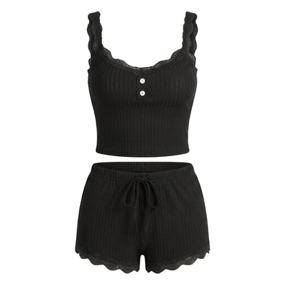Lace Trim Ribbed Pyjama Set | Women | Ribbed Fabric | Cami & Shorts Sleepwear | Nova Muse