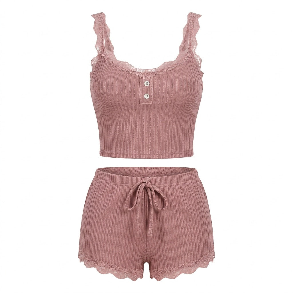 Lace Trim Ribbed Pyjama Set | Women | Ribbed Fabric | Cami & Shorts Sleepwear | Nova Muse
