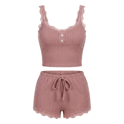 Lace Trim Ribbed Pyjama Set | Women | Ribbed Fabric | Cami & Shorts Sleepwear | Nova Muse