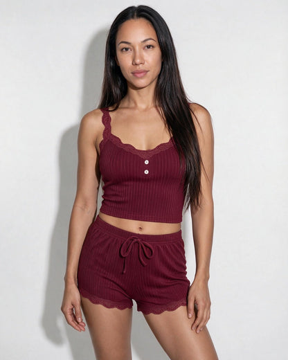 Lace Trim Ribbed Pyjama Set | Women | Ribbed Fabric | Cami & Shorts Sleepwear | Nova Muse