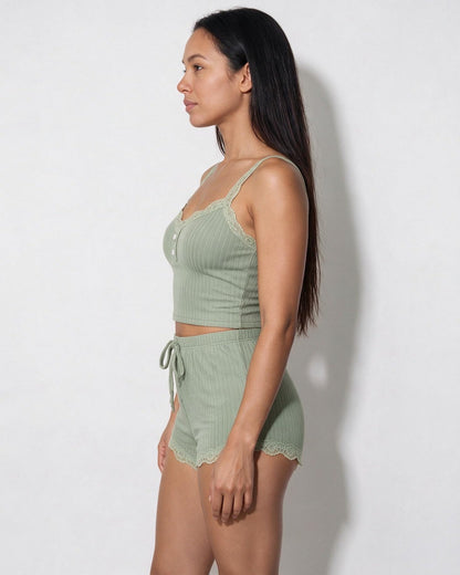 Lace Trim Ribbed Pyjama Set | Women | Ribbed Fabric | Cami & Shorts Sleepwear | Nova Muse