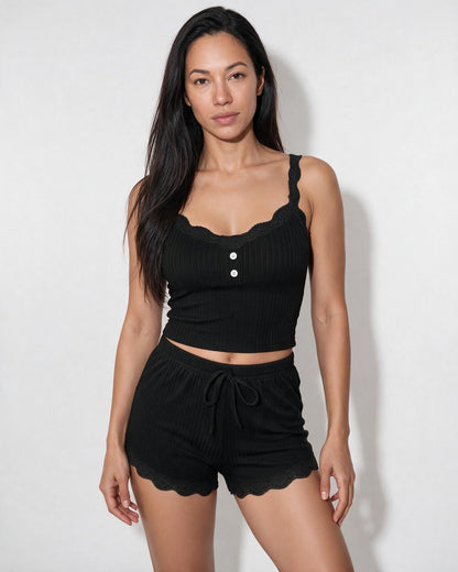 Lace Trim Ribbed Pyjama Set | Women | Ribbed Fabric | Cami & Shorts Sleepwear | Nova Muse