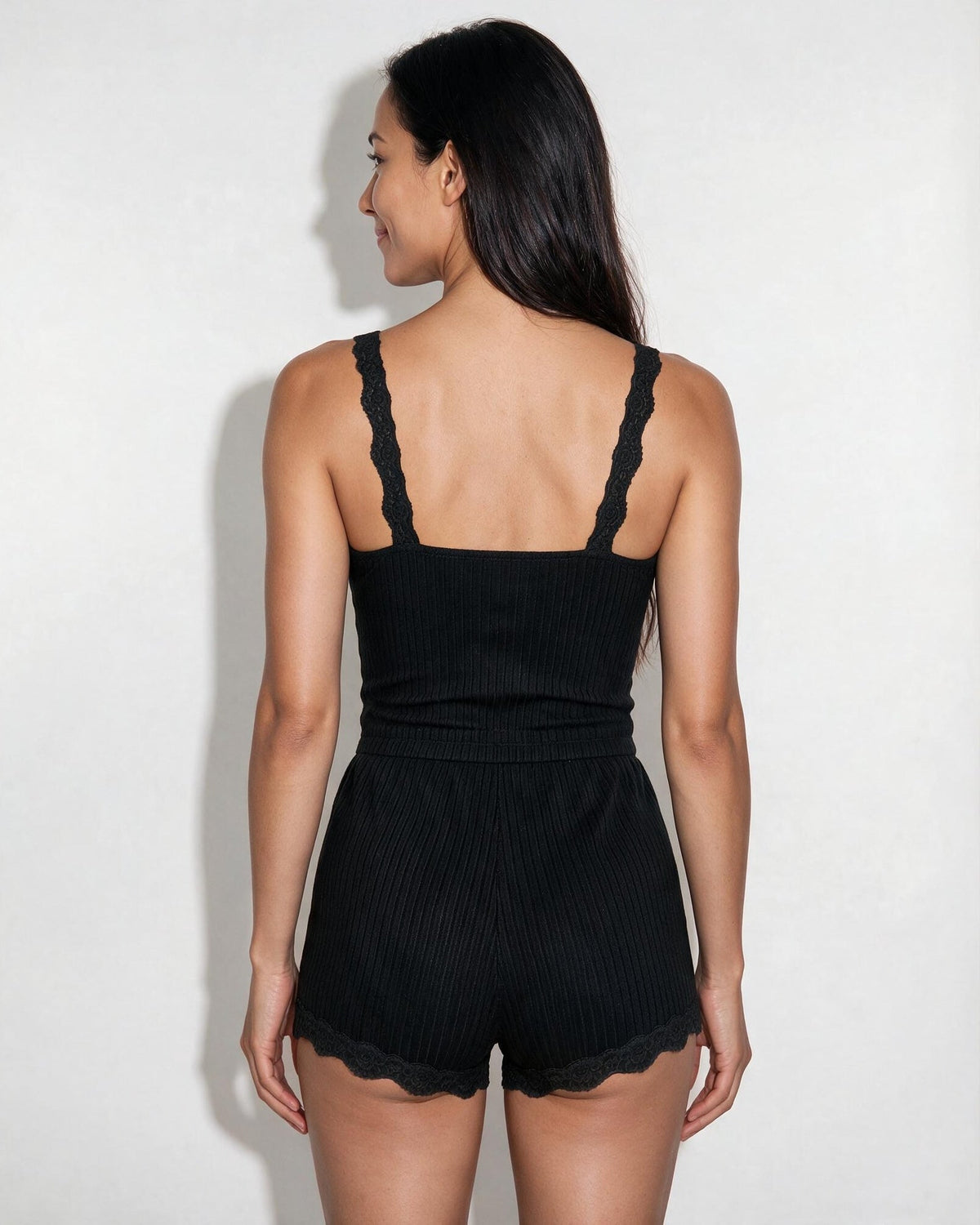 Lace Trim Ribbed Pyjama Set | Women | Ribbed Fabric | Cami & Shorts Sleepwear | Nova Muse