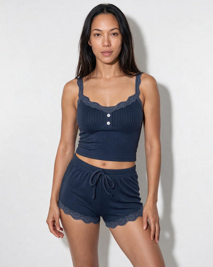 Lace Trim Ribbed Pyjama Set | Women | Ribbed Fabric | Cami & Shorts Sleepwear | Nova Muse