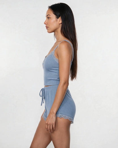 Lace Trim Ribbed Pyjama Set | Women | Ribbed Fabric | Cami & Shorts Sleepwear | Nova Muse