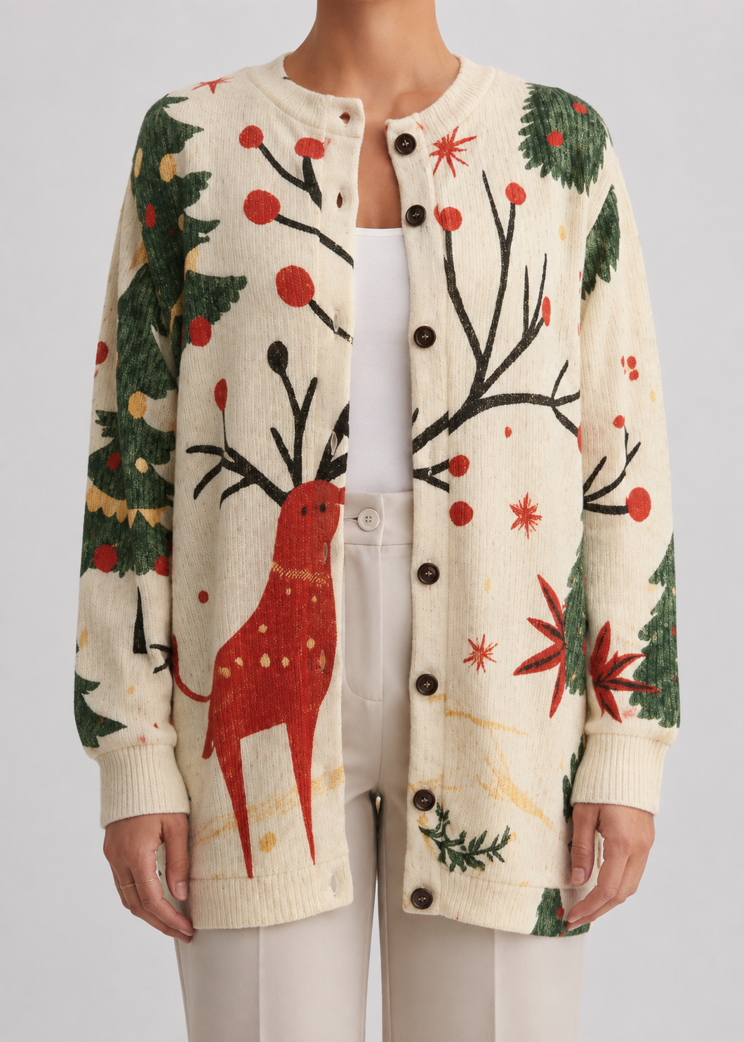 Reindeer Knit Cardigan | Women | Acrylic Blend | Christmas Sweater | Button Front | Nova Muse