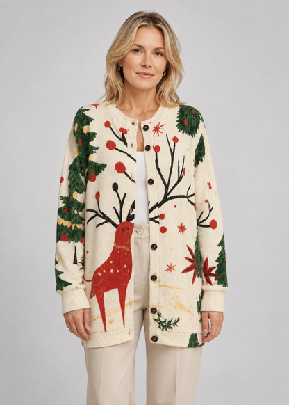 Reindeer Knit Cardigan | Women | Acrylic Blend | Christmas Sweater | Button Front | Nova Muse