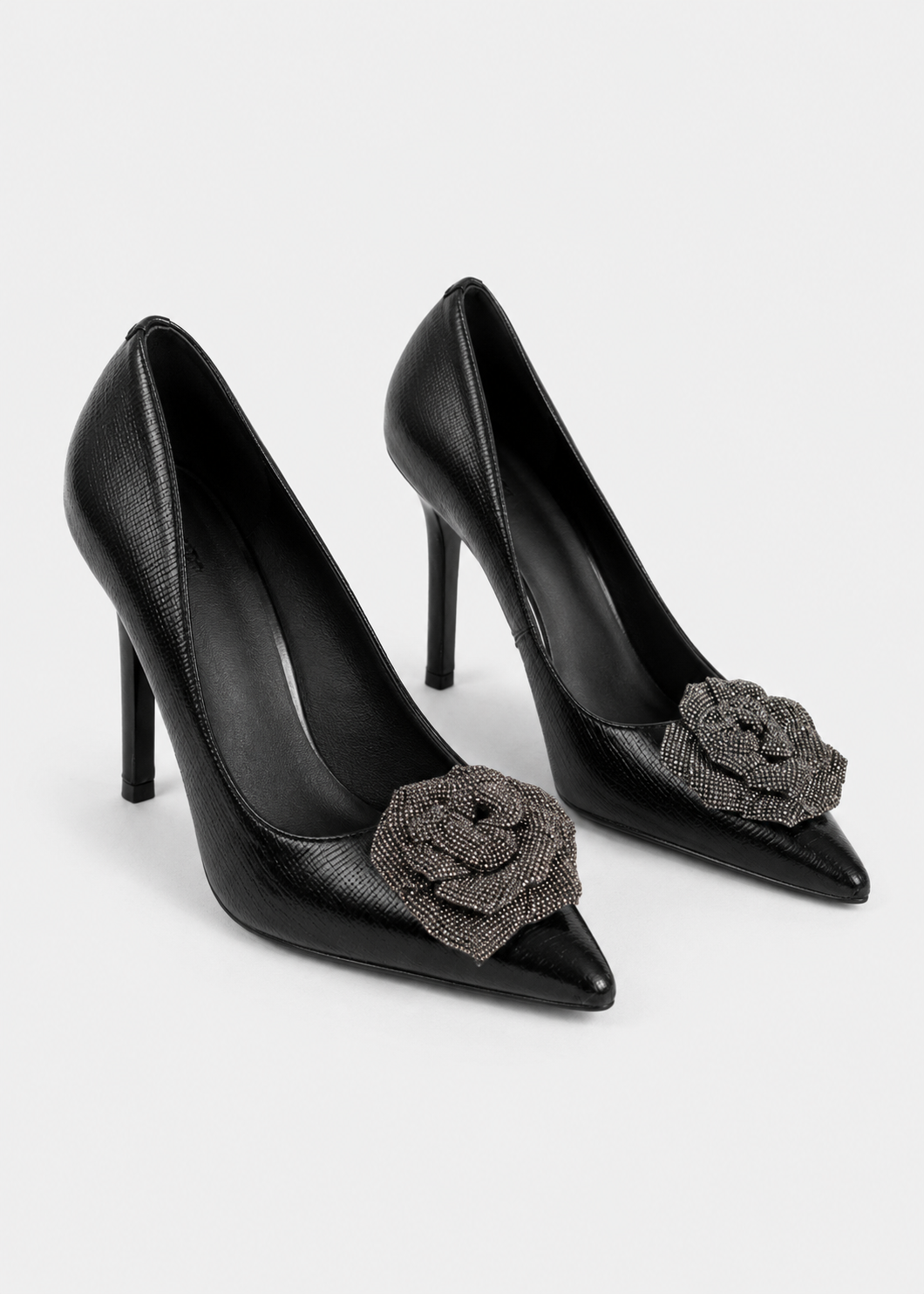 Women’s Pointed Toe Pumps | Black Rose Detail Embellished High Heels | Dress Shoes | Nova Muse