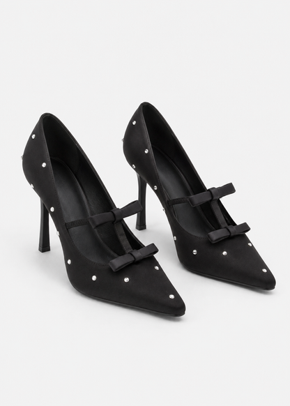 Women's Pointed Toe Pumps | Crystal Stud Bow Black Elegant Dress Heels | Nova Muse