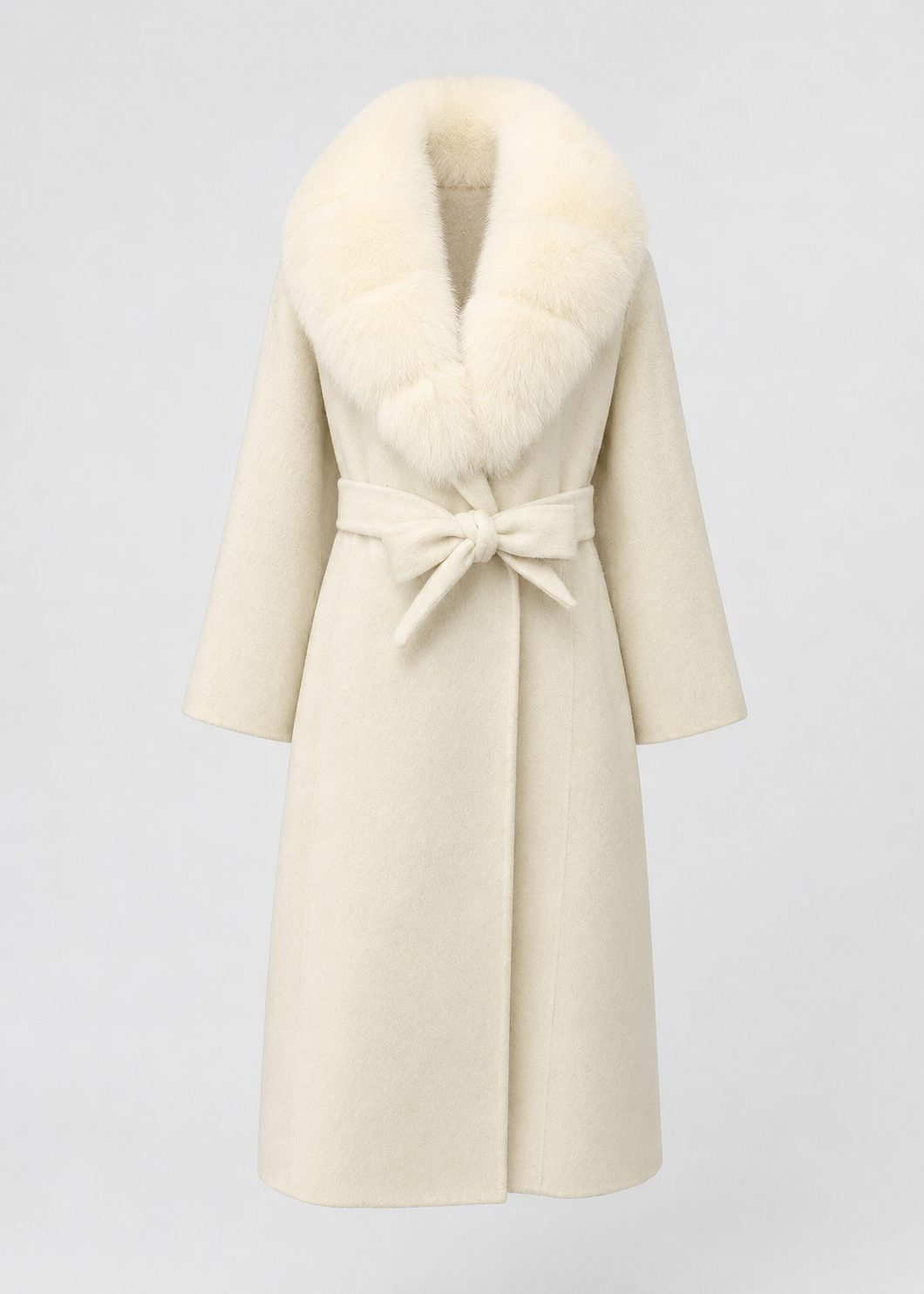 Wool Wrap Coat | Women | Faux Fox Fur Collar | Tie Belt | Ivory Winter Coat | Nova Muse